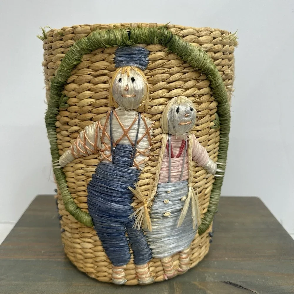 Vintage Woven Straw Raffia Lined Basket Embroidered Scarecrow Whimsical Fall
